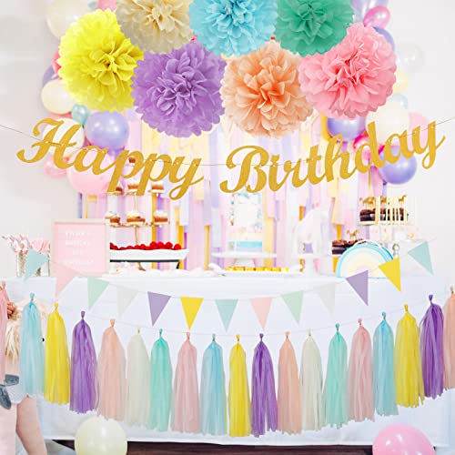 Pastel Rainbow Birthday Party Decorations - 30pcs Tissue Pom Poms Streamers,Garland Backdrop Decor Bunting Children Adults 1st 16th 18th 25th 30th 40th 50th Happy Birthday Banner Panduola