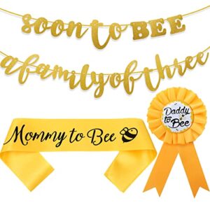 3pcs welcome baby party banner set soon to bee a family of three banner mommy to bee sash daddy to bee badge bee baby shower decoration bee themed party supplies