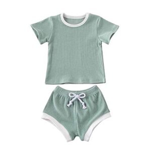 newborn infant baby girl boy clothes short sleeve tops t-shirt+shorts pants solid color two piece outfits set (light green, 0-6m)