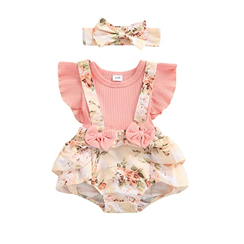 MERSARIPHY Newborn Baby Girl Summer Clothes Cotton Linen Romper Floral Bodysuit Tops With Headband (Pink, 9-12 Months)