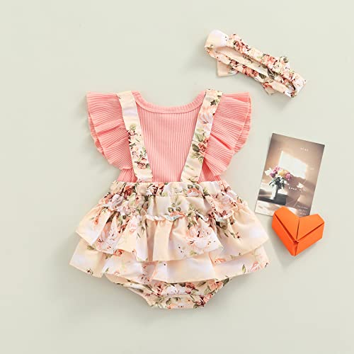 MERSARIPHY Newborn Baby Girl Summer Clothes Cotton Linen Romper Floral Bodysuit Tops With Headband (Pink, 9-12 Months)