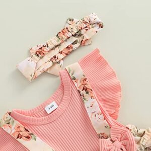 MERSARIPHY Newborn Baby Girl Summer Clothes Cotton Linen Romper Floral Bodysuit Tops With Headband (Pink, 9-12 Months)