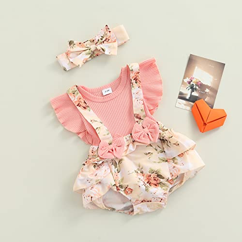 MERSARIPHY Newborn Baby Girl Summer Clothes Cotton Linen Romper Floral Bodysuit Tops With Headband (Pink, 9-12 Months)