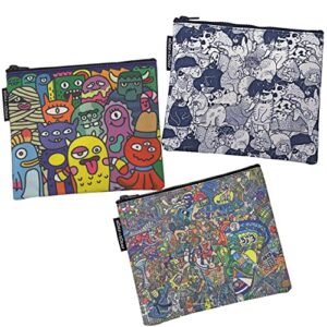 odds n totes pencil pouch, canvas zipper pouch, small makeup bag, toiletry bag, cute pencil case (bundle pack of 3: funny monsters, bears, graffiti)