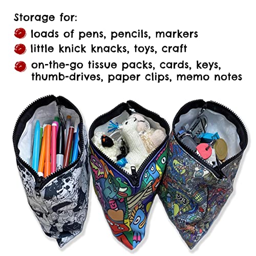 ODDS N TOTES Pencil Pouch, Canvas Zipper Pouch, Small Makeup Bag, Toiletry Bag, Cute Pencil Case (Bundle Pack of 3: Funny Monsters, Bears, Graffiti)