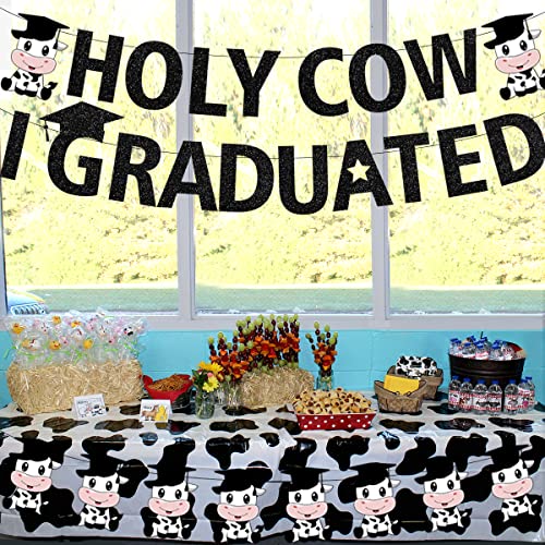 Cow Graduation Banner Holy Cow I Graduated Banner, Cow Congrats Graduation Decoration with Black Cap Pre-assembled Class Of 2023 Graduation Party Decoration Supplies for High School College