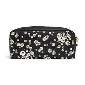 alaza cute pencil case beautiful daisy flowers floral black pen cases organizer pu leather comestic makeup bag make up pouch, back to school gifts
