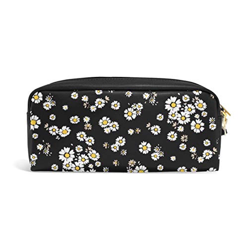 ALAZA Cute Pencil Case Beautiful Daisy Flowers Floral Black Pen Cases Organizer PU Leather Comestic Makeup Bag Make up Pouch, Back to School Gifts