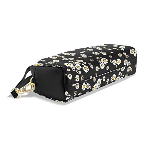 ALAZA Cute Pencil Case Beautiful Daisy Flowers Floral Black Pen Cases Organizer PU Leather Comestic Makeup Bag Make up Pouch, Back to School Gifts