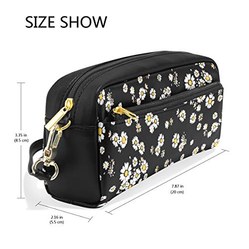 ALAZA Cute Pencil Case Beautiful Daisy Flowers Floral Black Pen Cases Organizer PU Leather Comestic Makeup Bag Make up Pouch, Back to School Gifts