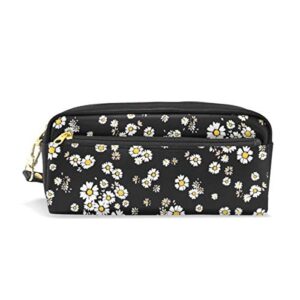 ALAZA Cute Pencil Case Beautiful Daisy Flowers Floral Black Pen Cases Organizer PU Leather Comestic Makeup Bag Make up Pouch, Back to School Gifts