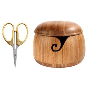 jubileeyarn bamboo yarn bowl with removable lid + embroidery scissors combo – carbonized brown bowl