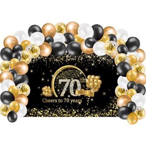 kauayurk 70th birthday banner backdrop decorations & balloon garland arch kit for men women, gold extra large cheers to 70 years birthday party supplies, seventy birthday poster photo booth