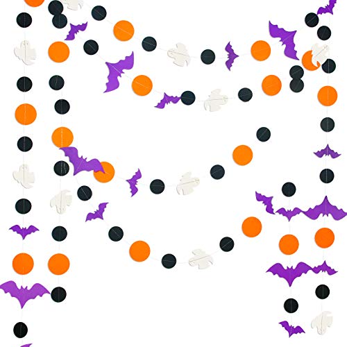 39Ft Halloween Party Decoration Garland Streamers Purple Bat White Ghost Black Orange Circle Dot Hanging Paper Banner Bunting for Halloween All Hallows Eve Birthday Home Fireplace Decor Supplies