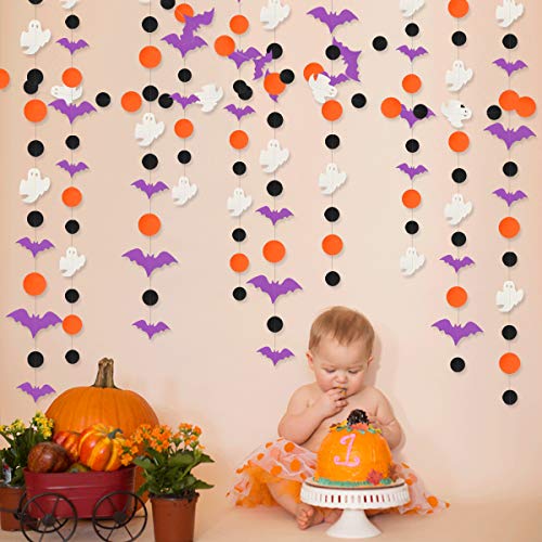 39Ft Halloween Party Decoration Garland Streamers Purple Bat White Ghost Black Orange Circle Dot Hanging Paper Banner Bunting for Halloween All Hallows Eve Birthday Home Fireplace Decor Supplies