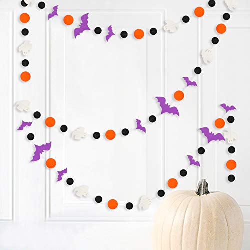 39Ft Halloween Party Decoration Garland Streamers Purple Bat White Ghost Black Orange Circle Dot Hanging Paper Banner Bunting for Halloween All Hallows Eve Birthday Home Fireplace Decor Supplies