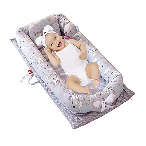 Vohunt Baby Lounger for Newborn,Baby Nest 100% Cotton Portable Bag Co-Sleeper for Baby in Bed,Newborn Lounger Adjustable Size & Strong Zipper Lengthen Space to 3 Tears Old(Unicorn)