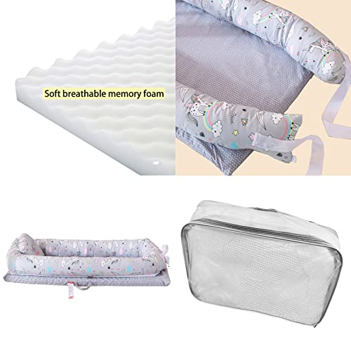 Vohunt Baby Lounger for Newborn,Baby Nest 100% Cotton Portable Bag Co-Sleeper for Baby in Bed,Newborn Lounger Adjustable Size & Strong Zipper Lengthen Space to 3 Tears Old(Unicorn)