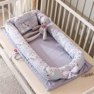 Vohunt Baby Lounger for Newborn,Baby Nest 100% Cotton Portable Bag Co-Sleeper for Baby in Bed,Newborn Lounger Adjustable Size & Strong Zipper Lengthen Space to 3 Tears Old(Unicorn)