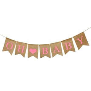 Shimmer Anna Shine Oh Baby Burlap Banner for Baby Shower Decorations and Gender Reveal Party (Pink)