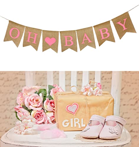 Shimmer Anna Shine Oh Baby Burlap Banner for Baby Shower Decorations and Gender Reveal Party (Pink)