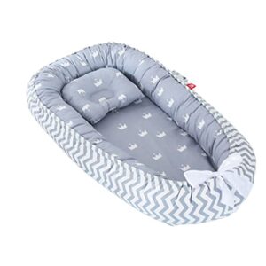 vohunt baby lounger for newborn,100% cotton co-sleeper for baby in bed with handles,soft newborn lounger adjustable size & strong zipper lengthen space to 3 tears old(wave gray crown)