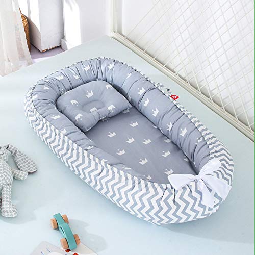 Vohunt Baby Lounger for Newborn,100% Cotton Co-Sleeper for Baby in Bed with Handles,Soft Newborn Lounger Adjustable Size & Strong Zipper Lengthen Space to 3 Tears Old(Wave Gray Crown)