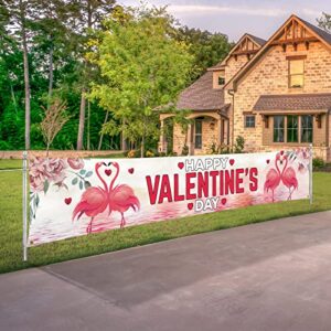large happy valentines day banner outdoor decorations 120″ x 20″ valentine’s yard sign red hearts flowers flamingos holiday party supplies valentine backdrop home decor with brass grommets for garden house fence garage indoor gifts anniversary wedding law