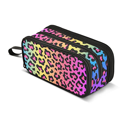 CHIFIGNO Large Capacity Neon Rainbow Leopard Print Pencil Case Zipper Pencil Bag Pouch Holder Box Cosmetic Makeup Bag for Girl Boy Business Office