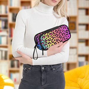 CHIFIGNO Large Capacity Neon Rainbow Leopard Print Pencil Case Zipper Pencil Bag Pouch Holder Box Cosmetic Makeup Bag for Girl Boy Business Office