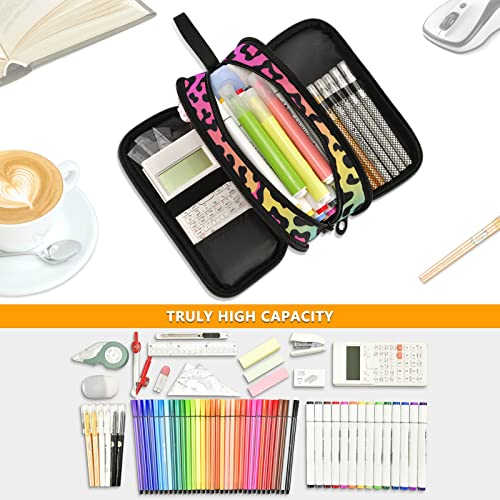 CHIFIGNO Large Capacity Neon Rainbow Leopard Print Pencil Case Zipper Pencil Bag Pouch Holder Box Cosmetic Makeup Bag for Girl Boy Business Office