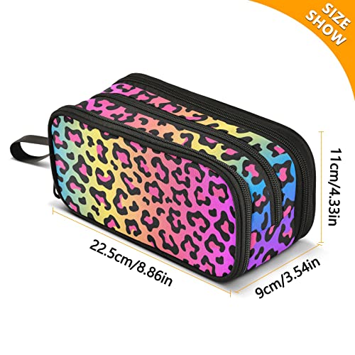 CHIFIGNO Large Capacity Neon Rainbow Leopard Print Pencil Case Zipper Pencil Bag Pouch Holder Box Cosmetic Makeup Bag for Girl Boy Business Office