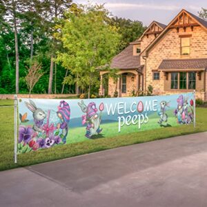 Welcome Peeps Banner Easter Decorations Outdoor Happy Holiday Large Yard Sign Party Supplies 120" x 20" Backdrop Gnomes Bunny Rabbits Flowers Spring Home Decor Vivid Colors Fabric Polyester with Brass Grommets for Outside Indoor Garden Fence Garage Balcon