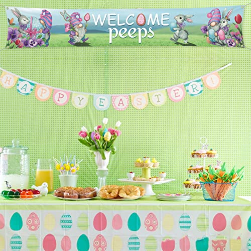 Welcome Peeps Banner Easter Decorations Outdoor Happy Holiday Large Yard Sign Party Supplies 120" x 20" Backdrop Gnomes Bunny Rabbits Flowers Spring Home Decor Vivid Colors Fabric Polyester with Brass Grommets for Outside Indoor Garden Fence Garage Balcon