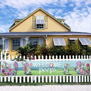 Welcome Peeps Banner Easter Decorations Outdoor Happy Holiday Large Yard Sign Party Supplies 120" x 20" Backdrop Gnomes Bunny Rabbits Flowers Spring Home Decor Vivid Colors Fabric Polyester with Brass Grommets for Outside Indoor Garden Fence Garage Balcon