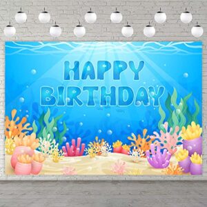 under the sea happy birthday banner backdrop ocean animals under the sea theme decor decorations for boys girls 1st birthday party bday baby shower underwater blue party supplies photo booth props