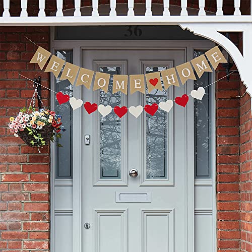 Welcome Home Banner, Rustic Burlap Welcome Home Signs, Welcome Home Decorations, Heart Garland Banner for Wall/Front Door