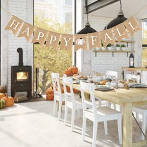 Adurself Happy Fall Burlap Banner White Jute Burlap Pumpkin Garland Harvest Mantel Fireplace Wall Hanging for Home Office School Party Decor Thanksgiving Decoration