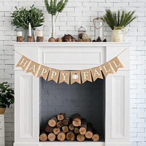 Adurself Happy Fall Burlap Banner White Jute Burlap Pumpkin Garland Harvest Mantel Fireplace Wall Hanging for Home Office School Party Decor Thanksgiving Decoration