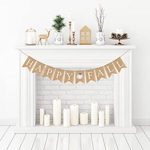 Adurself Happy Fall Burlap Banner White Jute Burlap Pumpkin Garland Harvest Mantel Fireplace Wall Hanging for Home Office School Party Decor Thanksgiving Decoration