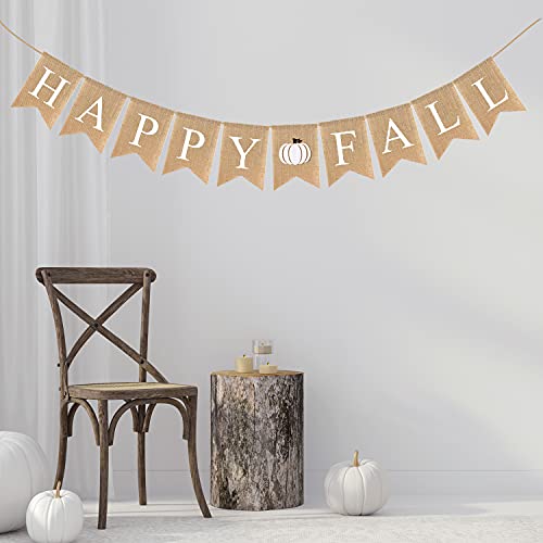 Adurself Happy Fall Burlap Banner White Jute Burlap Pumpkin Garland Harvest Mantel Fireplace Wall Hanging for Home Office School Party Decor Thanksgiving Decoration