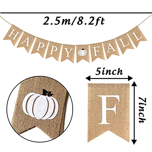 Adurself Happy Fall Burlap Banner White Jute Burlap Pumpkin Garland Harvest Mantel Fireplace Wall Hanging for Home Office School Party Decor Thanksgiving Decoration