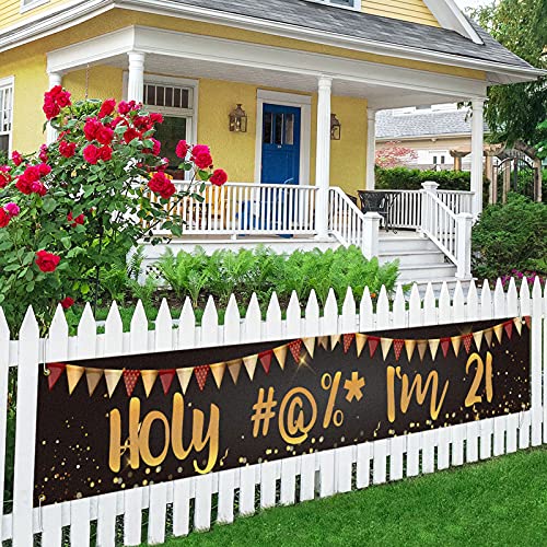 Black Gold Large Holy Shit I’m 21 Banner Backdrop,Fun 21st Birthday Banner For Boy Or Girl,Cheer To 21 Years Old Party Decorations Supplies Lawn Sign Yard Sign Porch Sign Outdoor Backdrop 9.8x1.6 Feet