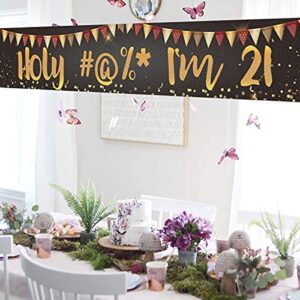 Black Gold Large Holy Shit I’m 21 Banner Backdrop,Fun 21st Birthday Banner For Boy Or Girl,Cheer To 21 Years Old Party Decorations Supplies Lawn Sign Yard Sign Porch Sign Outdoor Backdrop 9.8x1.6 Feet