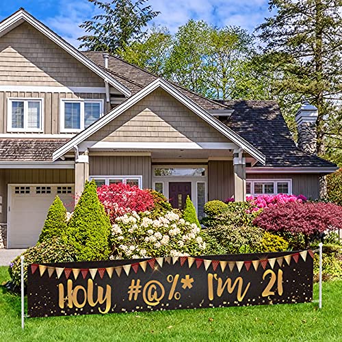 Black Gold Large Holy Shit I’m 21 Banner Backdrop,Fun 21st Birthday Banner For Boy Or Girl,Cheer To 21 Years Old Party Decorations Supplies Lawn Sign Yard Sign Porch Sign Outdoor Backdrop 9.8x1.6 Feet