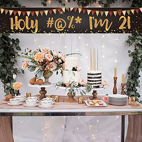 Black Gold Large Holy Shit I’m 21 Banner Backdrop,Fun 21st Birthday Banner For Boy Or Girl,Cheer To 21 Years Old Party Decorations Supplies Lawn Sign Yard Sign Porch Sign Outdoor Backdrop 9.8x1.6 Feet