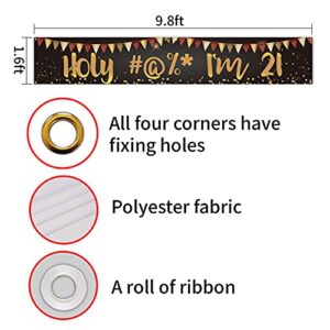 Black Gold Large Holy Shit I’m 21 Banner Backdrop,Fun 21st Birthday Banner For Boy Or Girl,Cheer To 21 Years Old Party Decorations Supplies Lawn Sign Yard Sign Porch Sign Outdoor Backdrop 9.8x1.6 Feet