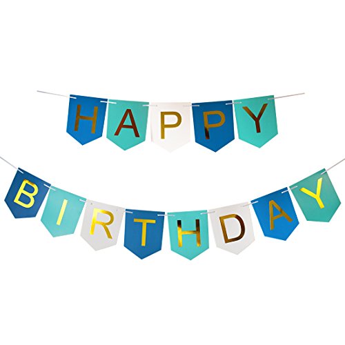 Brcohco Happy Birthday Banner Bunting with Shiny Gold Letters Party Supplies (Blue White)