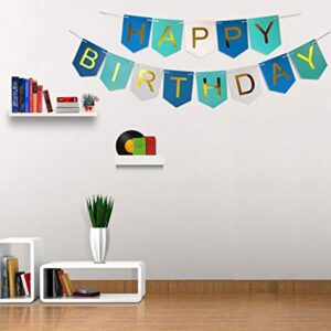 Brcohco Happy Birthday Banner Bunting with Shiny Gold Letters Party Supplies (Blue White)