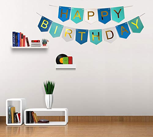 Brcohco Happy Birthday Banner Bunting with Shiny Gold Letters Party Supplies (Blue White)